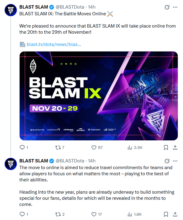 BLAST官宣:BLAST Slam S9赛事转为线上举办