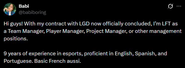 原LGD DOTA2战队经理Babi:LGD与队伍的合同已经结束